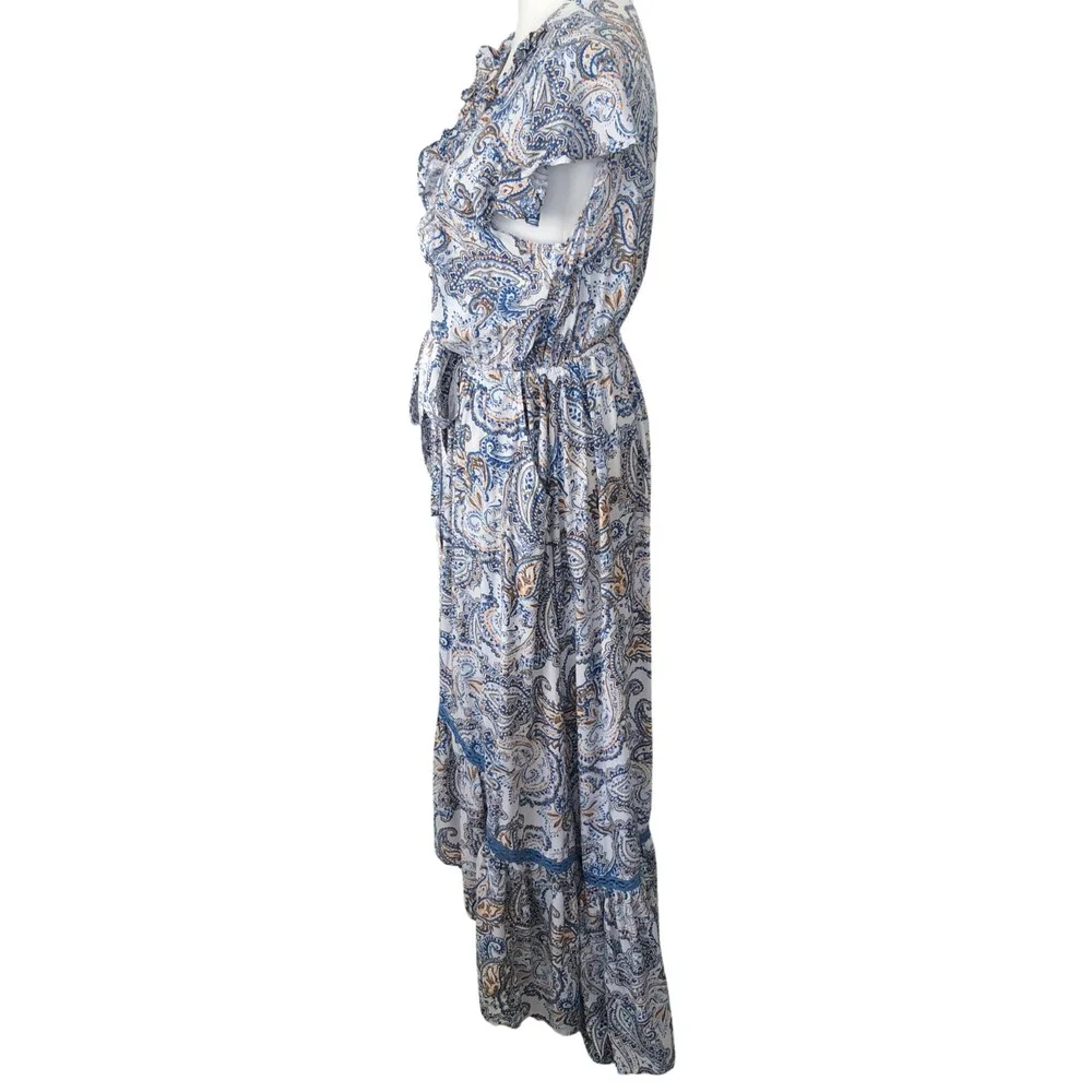 Women's Beyond The Radar Blue Paisley Cap Sleeve Hi-Low Ruffle Boho Maxi Dress L